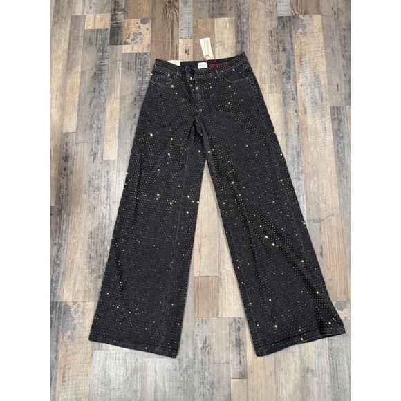 Alice + Olivia Denim - Alice and Olivia Black Gold Rhinestone Embellished Wide Leg Jeans High Rise | 28